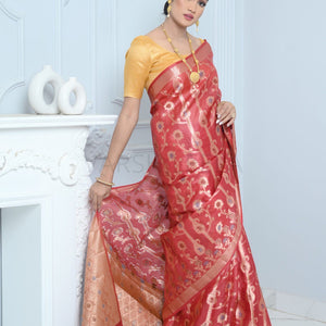Dark Red Handloom Pure Kosa Silk Saree with Zari Work