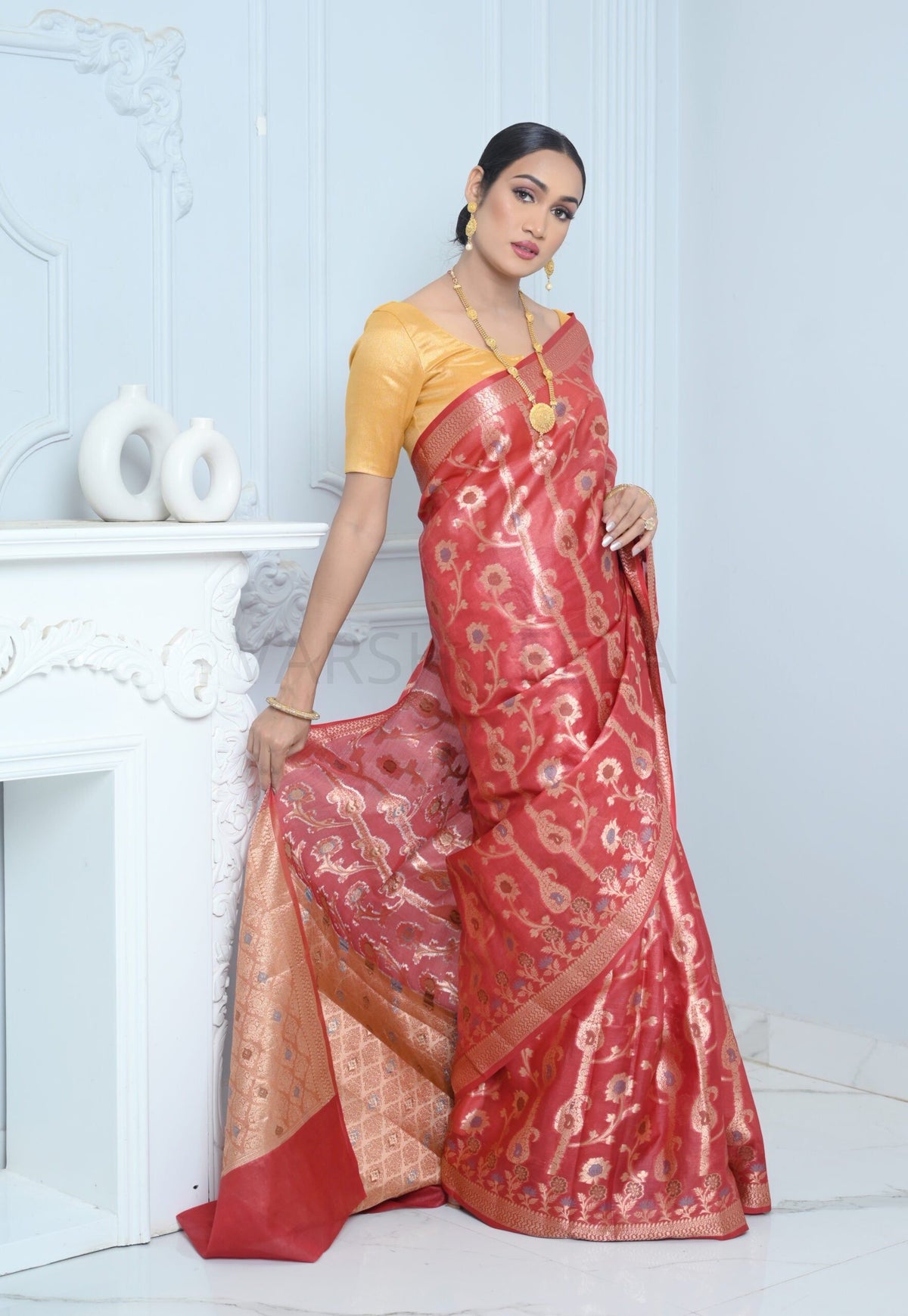 Dark Red Handloom Pure Kosa Silk Saree with Zari Work
