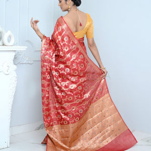 Dark Red Handloom Pure Kosa Silk Saree with Zari Work