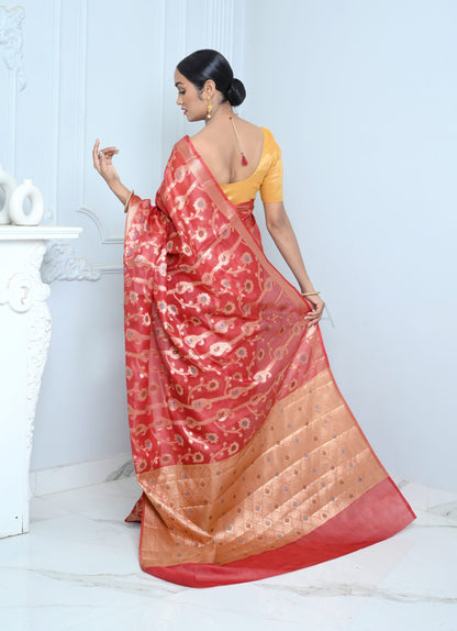 Dark Red Handloom Pure Kosa Silk Saree with Zari Work