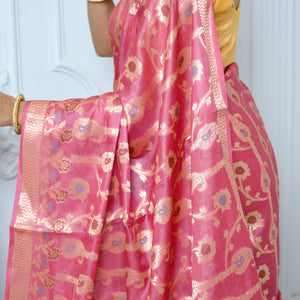 Rani Pink Handloom Pure Kosa Silk Saree with Zari Work