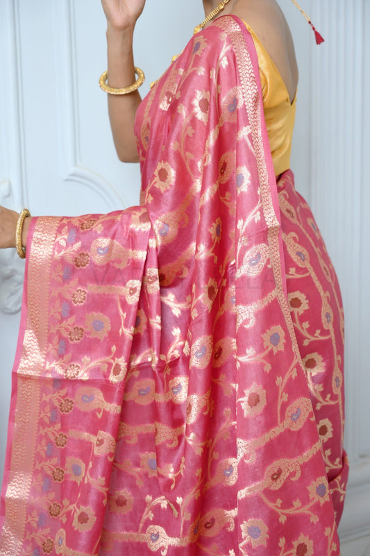 Rani Pink Handloom Pure Kosa Silk Saree with Zari Work