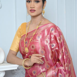 Rani Pink Handloom Pure Kosa Silk Saree with Zari Work