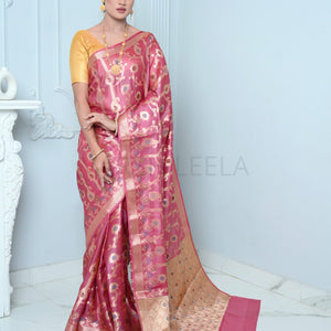 Rani Pink Handloom Pure Kosa Silk Saree with Zari Work
