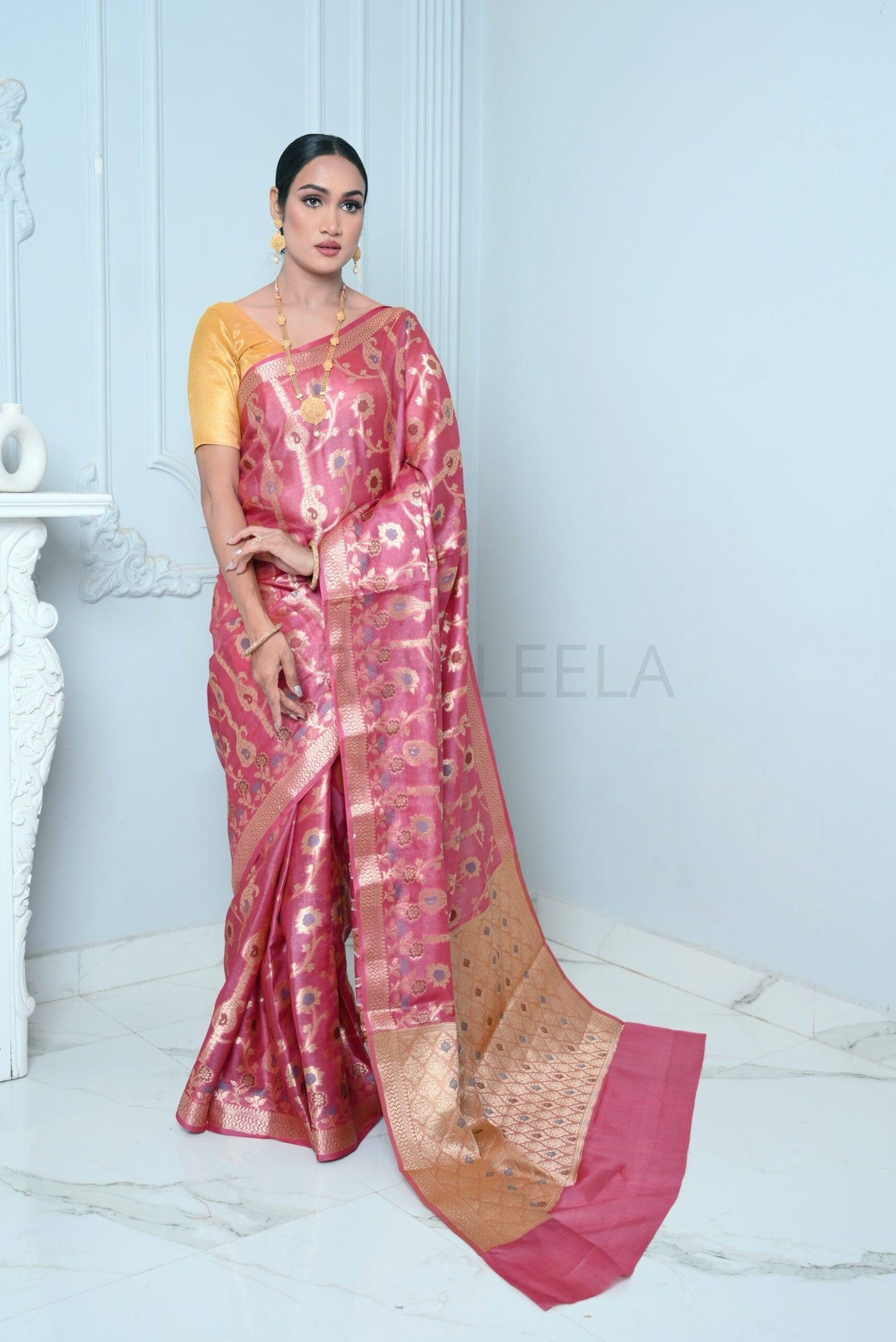 Rani Pink Handloom Pure Kosa Silk Saree with Zari Work