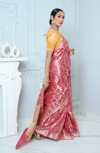 Rani Pink Handloom Pure Kosa Silk Saree with Zari Work