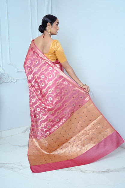Rani Pink Handloom Pure Kosa Silk Saree with Zari Work