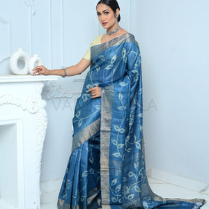 Blue Hand Batic Print Handloom Pure Kosa Silk Saree Blue All Saree