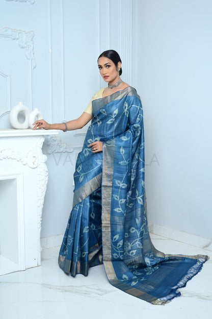 Blue Hand Batic Print Handloom Pure Kosa Silk Saree Blue All Saree
