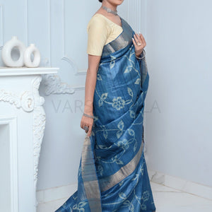 Blue Hand Batic Print Handloom Pure Kosa Silk Saree Blue All Saree