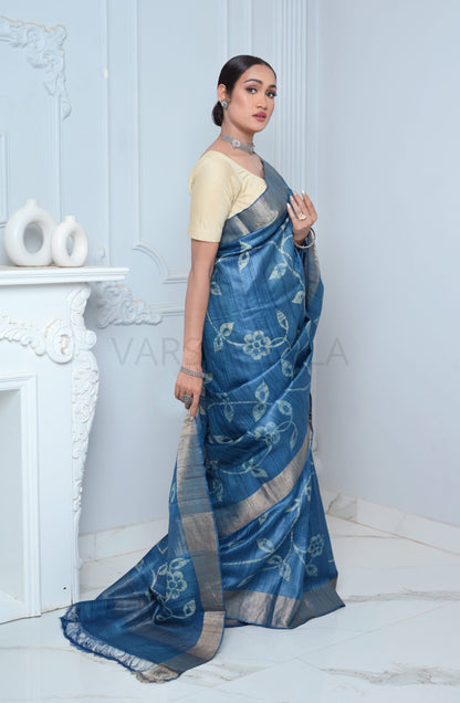 Blue Hand Batic Print Handloom Pure Kosa Silk Saree Blue All Saree