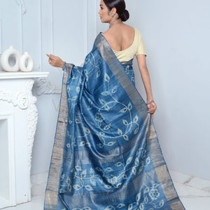 Blue Hand Batic Print Handloom Pure Kosa Silk Saree Blue All Saree