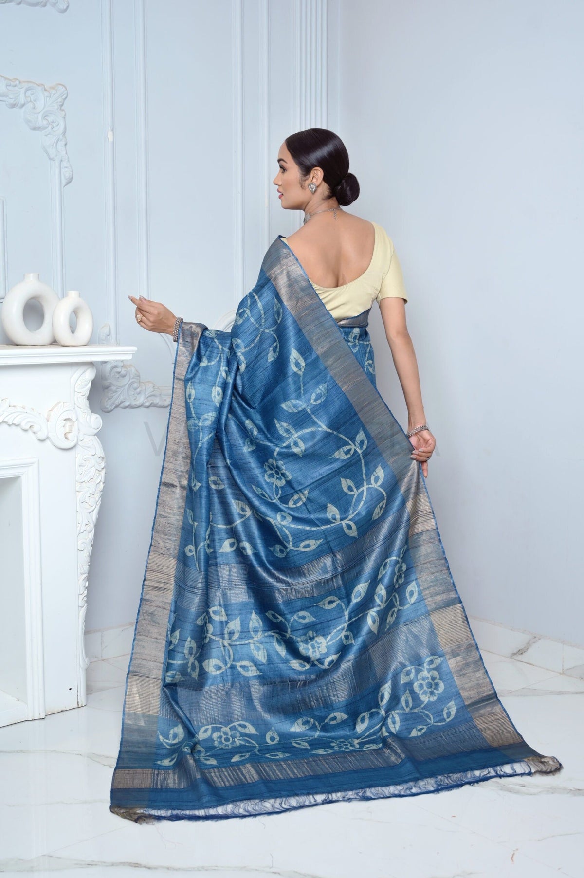 Blue Hand Batic Print Handloom Pure Kosa Silk Saree Blue All Saree
