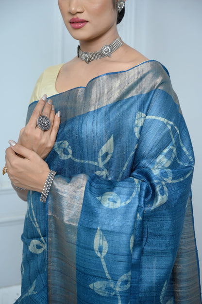 Blue Hand Batic Print Handloom Pure Kosa Silk Saree Blue All Saree