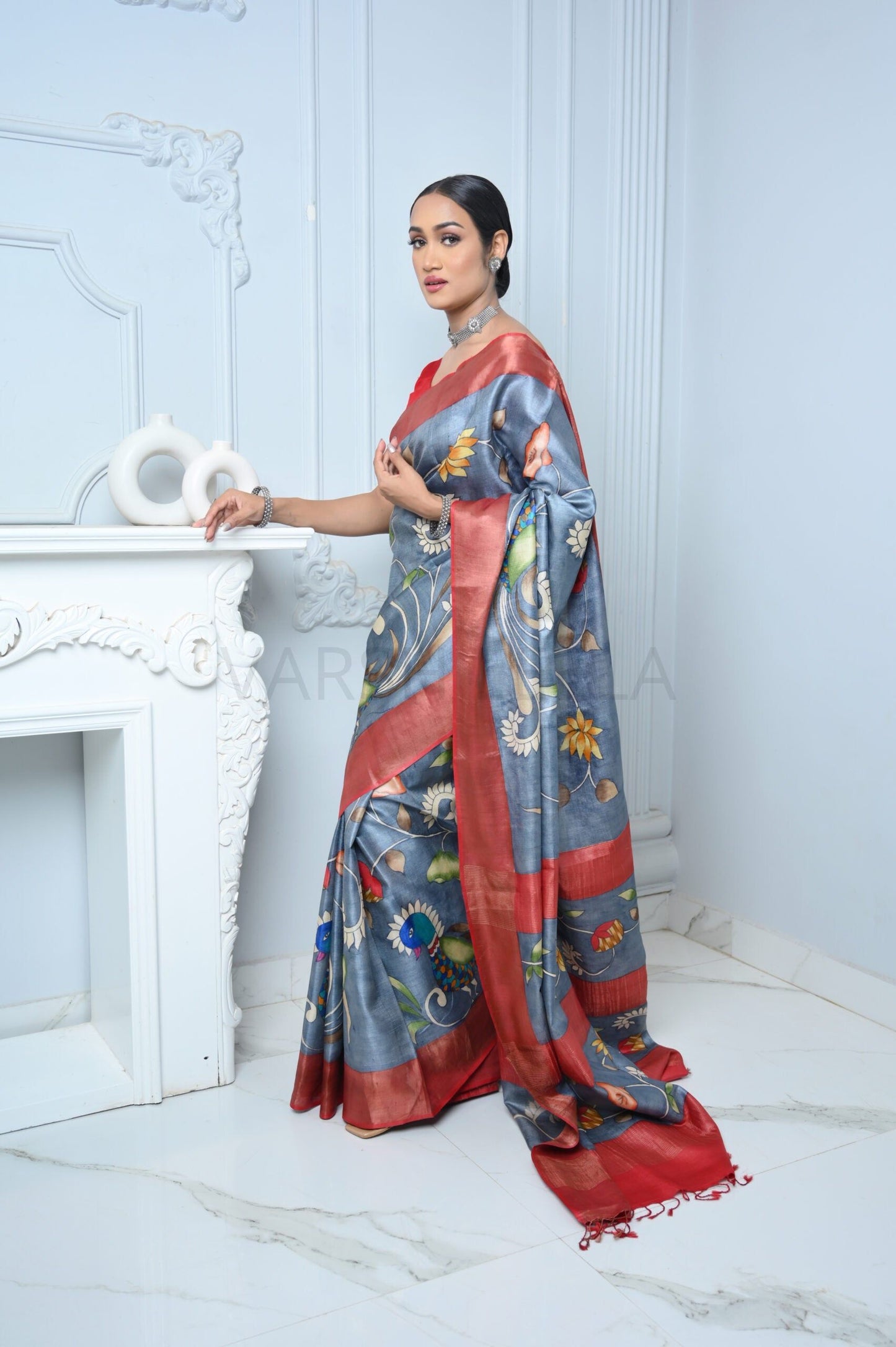 Gray Kalamkari Hand-painted Handloom Pure Kosa Silk Saree