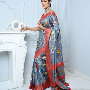 Gray Kalamkari Hand-painted Handloom Pure Kosa Silk Saree