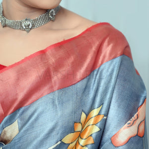 Gray Kalamkari Hand-painted Handloom Pure Kosa Silk Saree