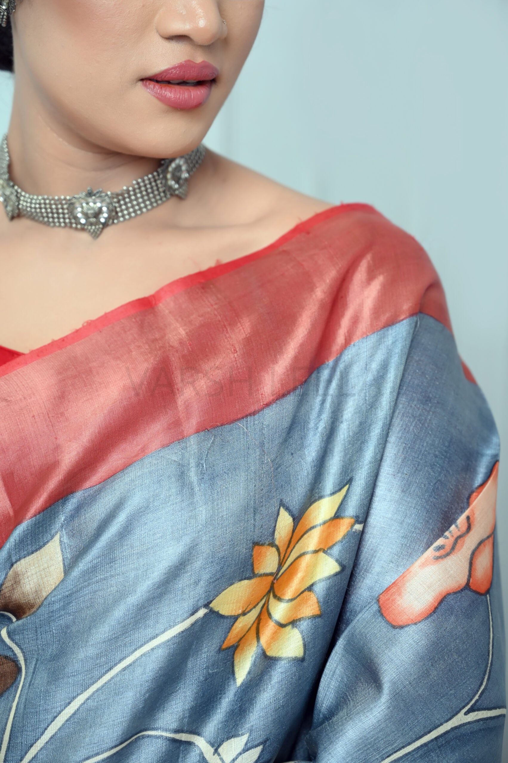Gray Kalamkari Hand-painted Handloom Pure Kosa Silk Saree