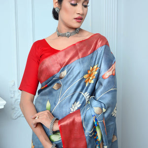 Gray Kalamkari Hand-painted Handloom Pure Kosa Silk Saree