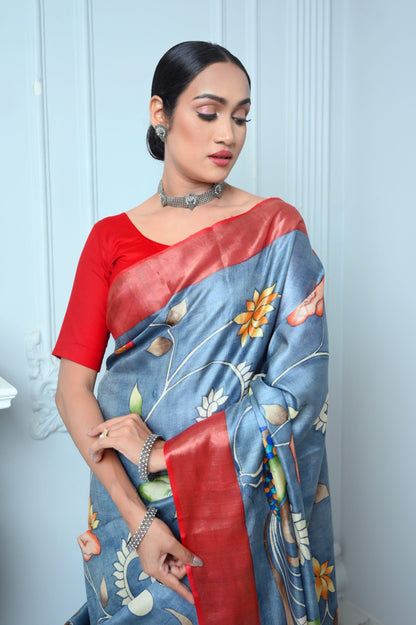 Gray Kalamkari Hand-painted Handloom Pure Kosa Silk Saree