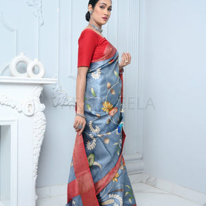 Gray Kalamkari Hand-painted Handloom Pure Kosa Silk Saree