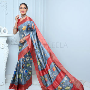 Gray Kalamkari Hand-painted Handloom Pure Kosa Silk Saree