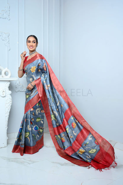 Gray Kalamkari Hand-painted Handloom Pure Kosa Silk Saree