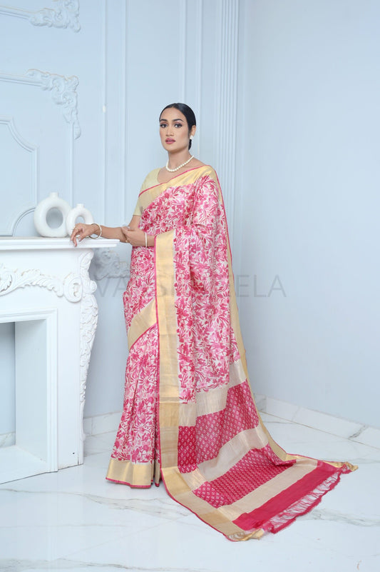 Pink and Beige Vegitable Print Handloom Pure Kosa Silk Saree