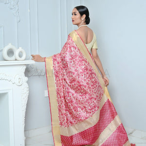 Pink and Beige Vegitable Print Handloom Pure Kosa Silk Saree