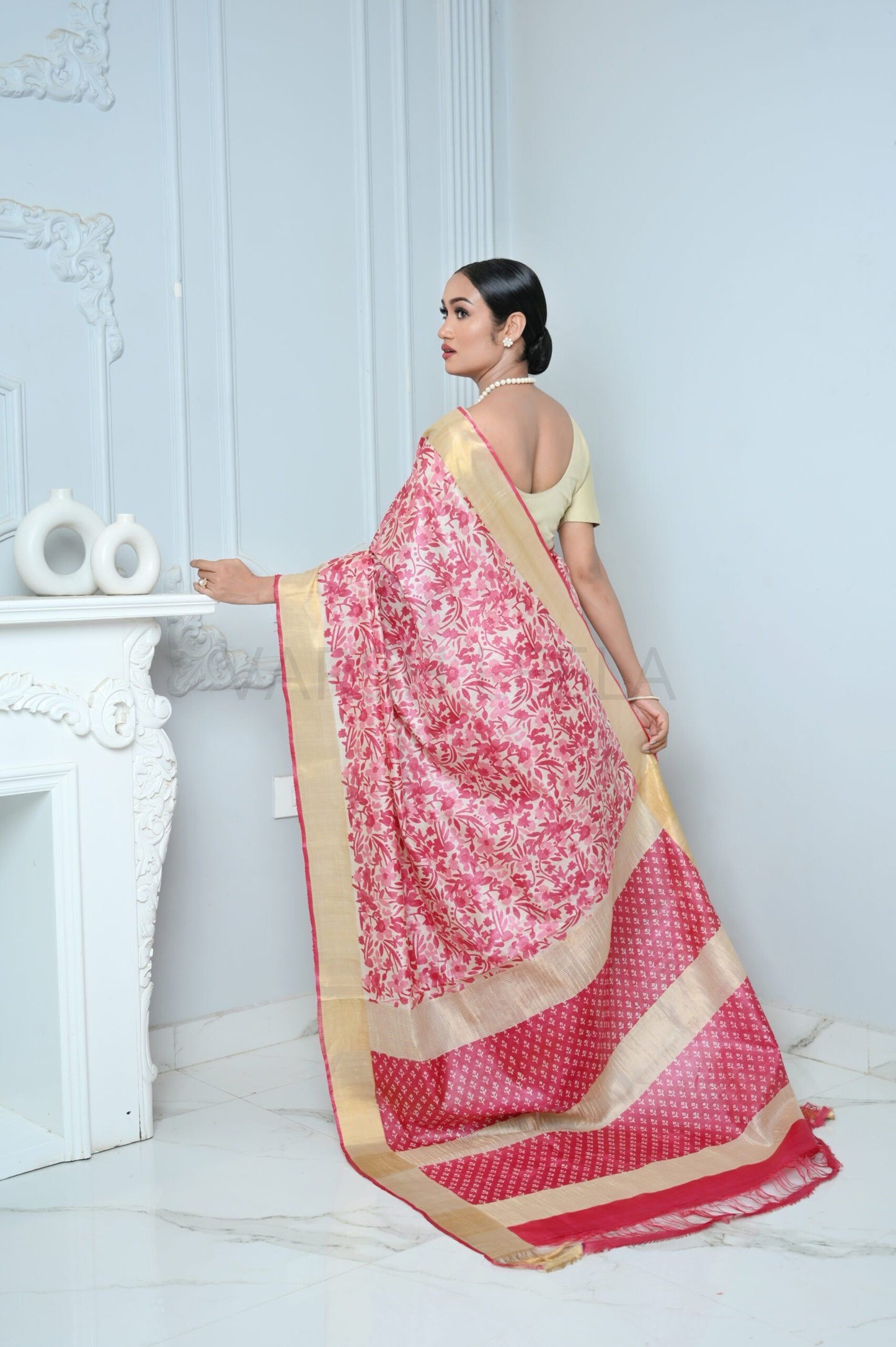 Pink and Beige Vegitable Print Handloom Pure Kosa Silk Saree