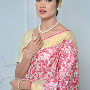 Pink and Beige Vegitable Print Handloom Pure Kosa Silk Saree