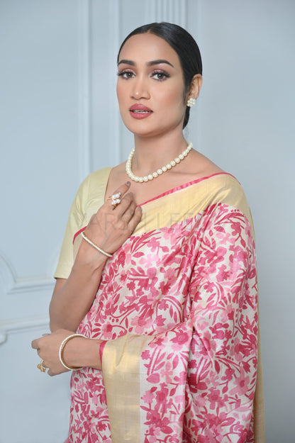 Pink and Beige Vegitable Print Handloom Pure Kosa Silk Saree