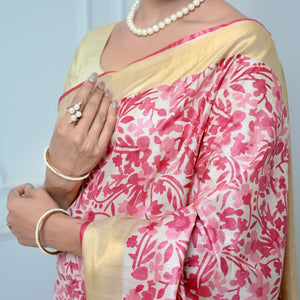 Pink and Beige Vegitable Print Handloom Pure Kosa Silk Saree