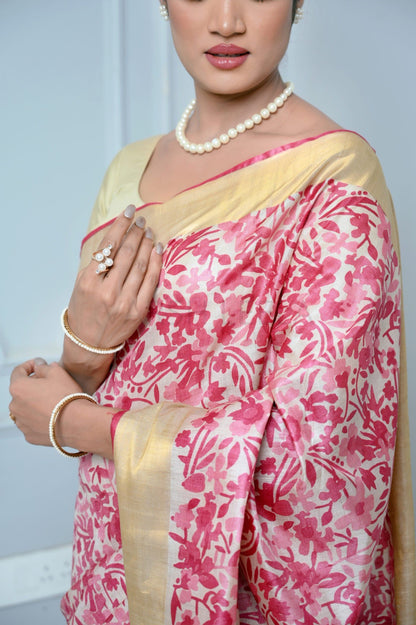 Pink and Beige Vegitable Print Handloom Pure Kosa Silk Saree