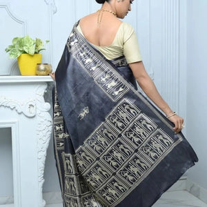 Black Handloom Pure Kosa Silk Saree with Bastar Embroidery Work Black All Saree