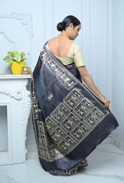 Black Handloom Pure Kosa Silk Saree with Bastar Embroidery Work Black All Saree