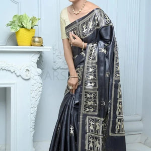 Black Handloom Pure Kosa Silk Saree with Bastar Embroidery Work Black All Saree