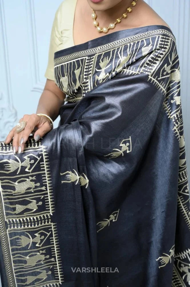 Black Handloom Pure Kosa Silk Saree with Bastar Embroidery Work Black All Saree