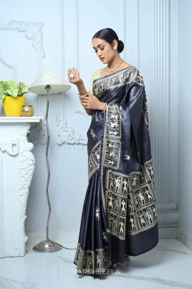 Black Handloom Pure Kosa Silk Saree with Bastar Embroidery Work Black All Saree