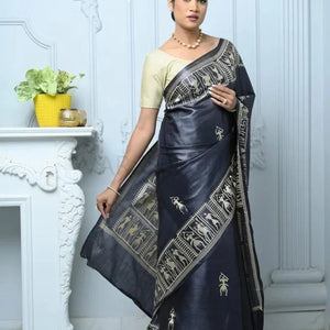 Black Handloom Pure Kosa Silk Saree with Bastar Embroidery Work Black All Saree