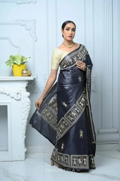 Black Handloom Pure Kosa Silk Saree with Bastar Embroidery Work Black All Saree