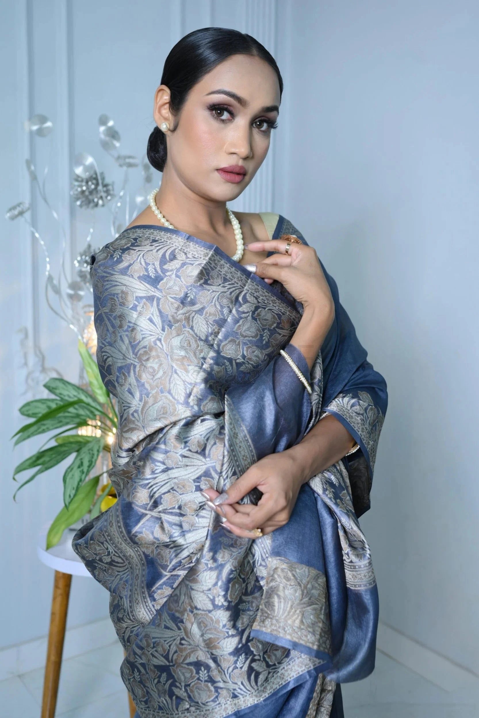 Blue Meena Plain Handloom Pure Kosa Silk Saree simple