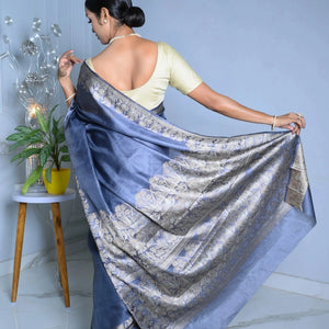 Blue Meena Plain Handloom Pure Kosa Silk Saree simple