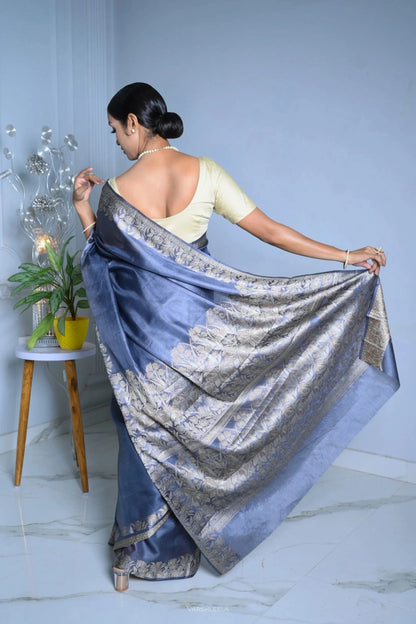 Blue Meena Plain Handloom Pure Kosa Silk Saree simple