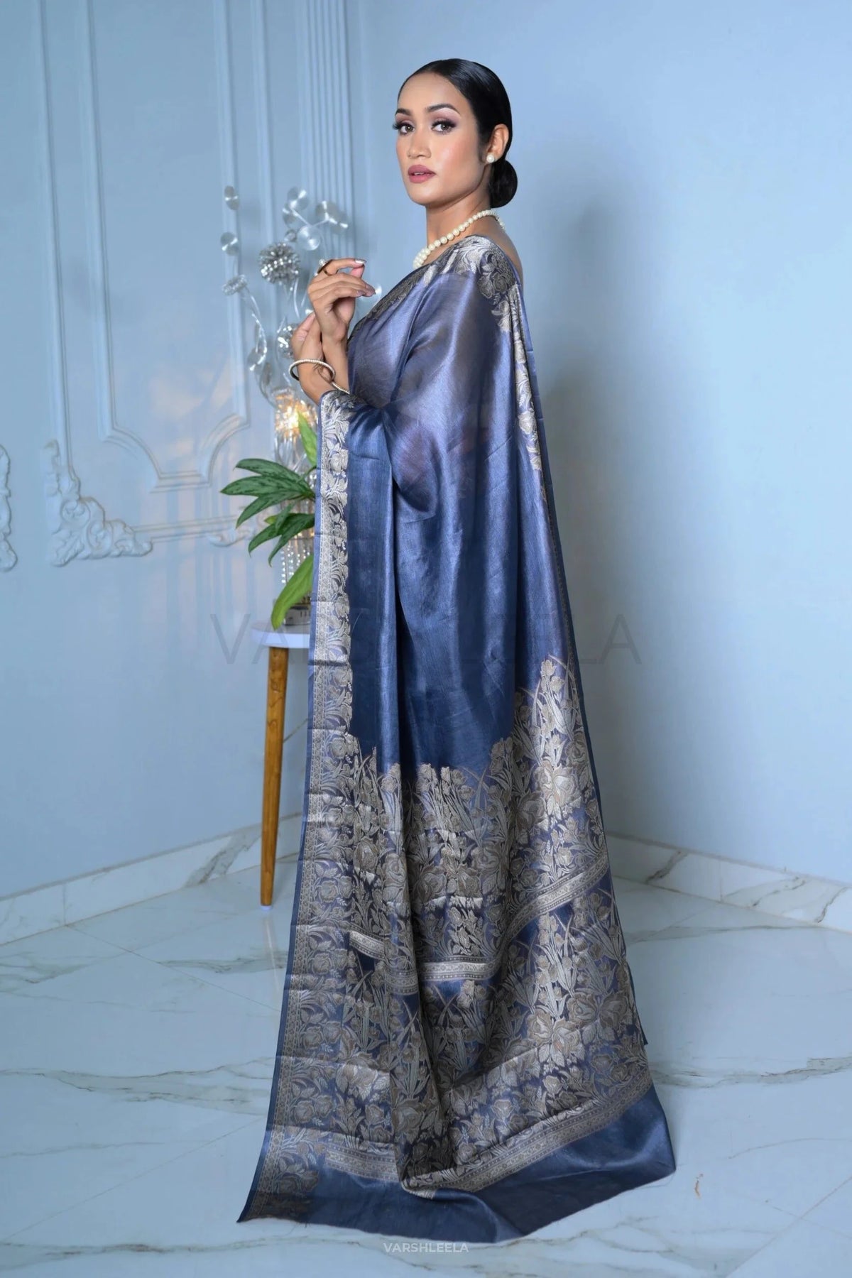 Blue Meena Plain Handloom Pure Kosa Silk Saree simple