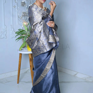 Blue Meena Plain Handloom Pure Kosa Silk Saree simple