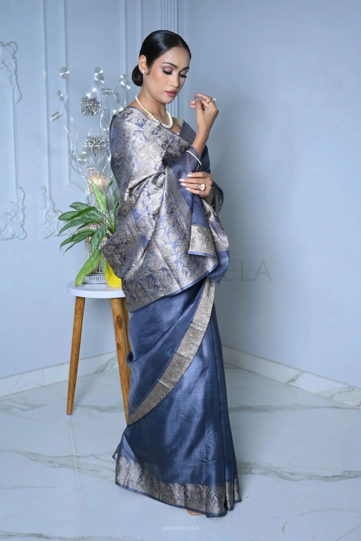 Blue Meena Plain Handloom Pure Kosa Silk Saree simple