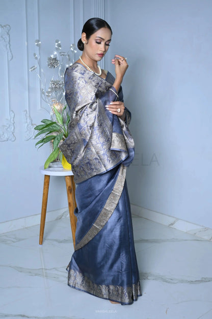 Blue Meena Plain Handloom Pure Kosa Silk Saree simple