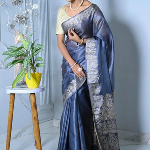 Blue Meena Plain Handloom Pure Kosa Silk Saree simple