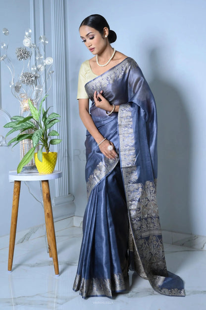 Blue Meena Plain Handloom Pure Kosa Silk Saree simple